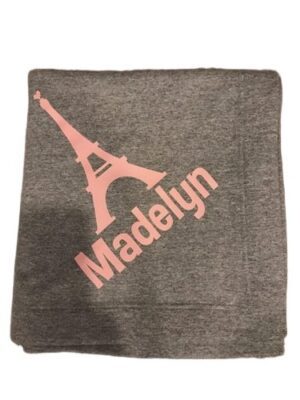 Gray blanket with pink Eiffel Tower and 'Madelyn'