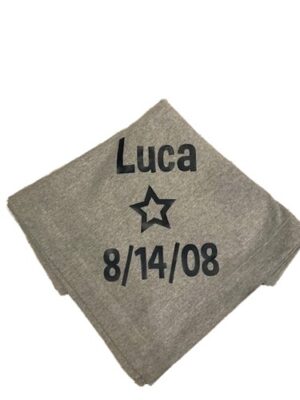 Gray blanket personalized with Luca and date