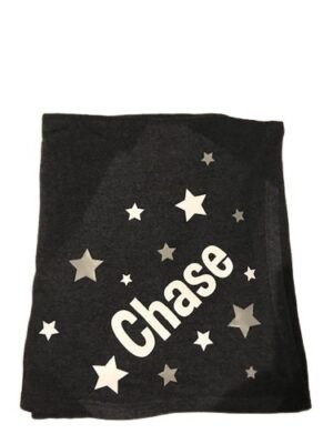 Black personalized blanket with stars reading Chase