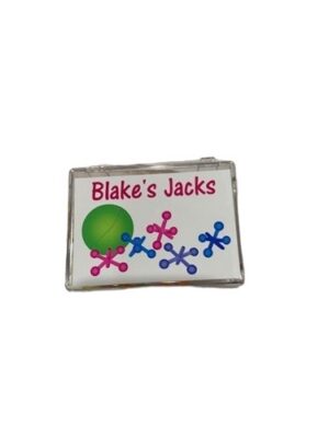 Tin box labeled Blake's Jacks with jacks