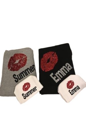 Personalized sweaters with glitter kiss and beanies
