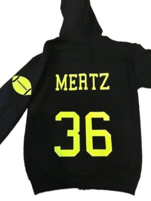 Black hoodie with yellow MERTZ and 36
