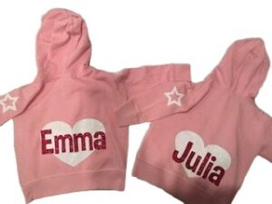 Pink hoodies with Emma and Julia