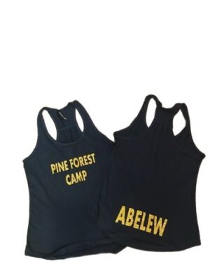 Two black tank tops with yellow lettering