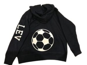 Black hoodie with large soccer ball graphic