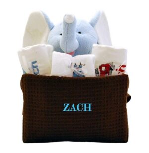Personalized baby gift basket with elephant plush