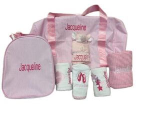 Pink embroidered baby bag and accessory set