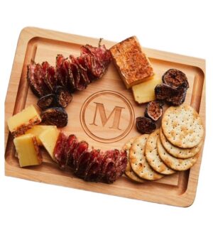 Monogram wooden board with cheese, meat, crackers