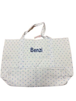 White Benzi tote bag with blue stars