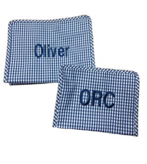 Blue gingham personalized pouches with embroidered names