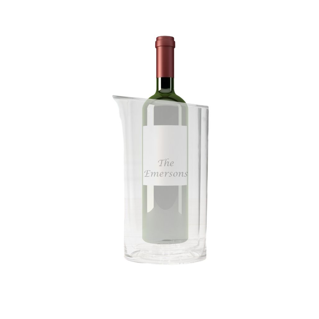 Red wine bottle in clear ice bucket