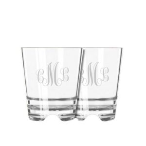 Two monogrammed clear whiskey glasses