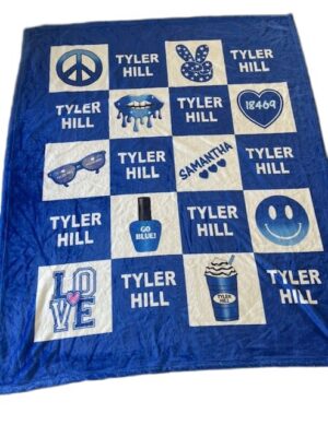 Blue patchwork Tyler Hill logo blanket