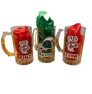 Three beer mugs with red and green tissue