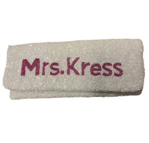 White beaded clutch purse with Mrs. Kress