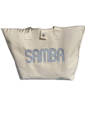 Beige canvas tote bag with "SAMBA" logo