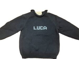 Navy knit sweater with LUCA across chest