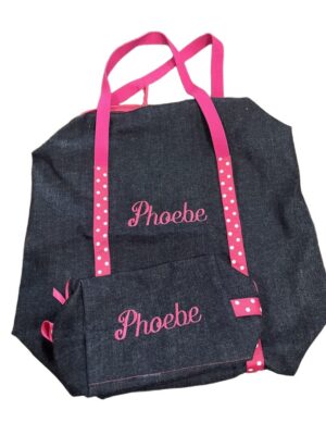 Dark denim tote and pouch embroidered "Phoebe