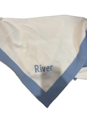 White baby blanket with blue border "River