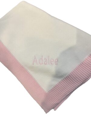 White baby blanket with pink border, "Adalee