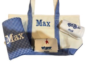 Personalized blue gingham baby tote with Max