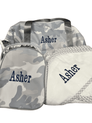 Personalized gray camo bag set embroidered Asher