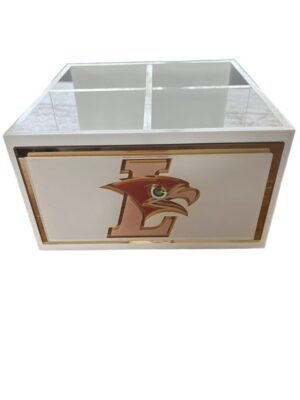 White organizer box with eagle "E" emblem