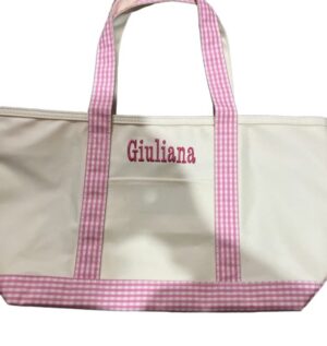 Cream tote with pink gingham and Giuliana