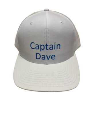 White trucker hat with "Captain Dave" text