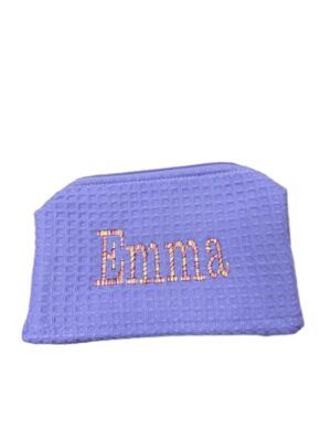 Lavender waffle-textured pouch embroidered with Emma