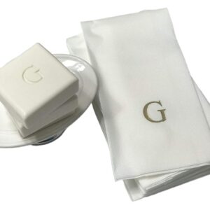 White monogrammed towels and soap with G