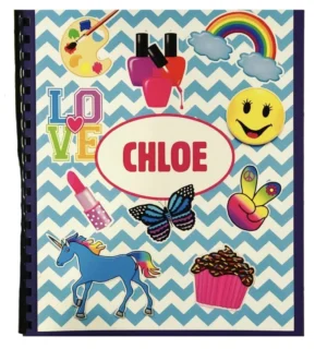 Personalized Chloe notebook cover with colorful stickers