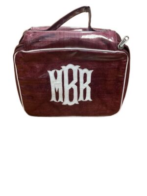Maroon monogrammed toiletry bag with handle