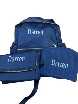 Blue personalized backpack with matching accessories