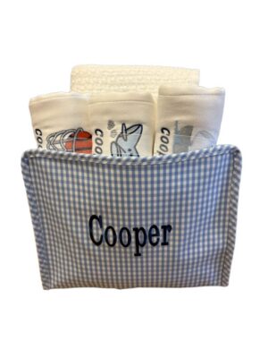 Blue gingham baby cloth caddy embroidered Cooper
