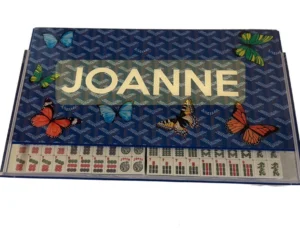 Blue butterfly mahjong set labeled JOANNE