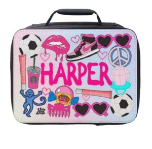 Personalized Harper sticker-covered pastel lunchbox