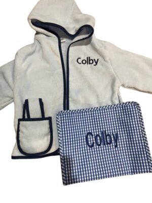 White hooded robe and gingham pouch embroidered Colby