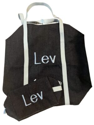 Black tote bag and pouch embroidered "Lev