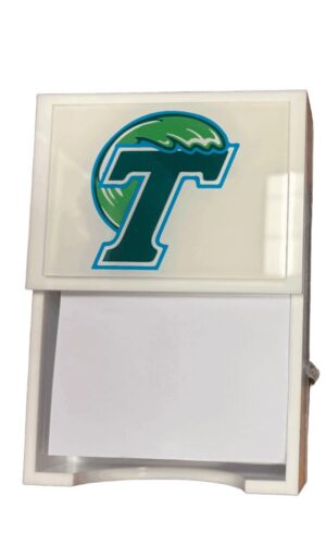 White notepad holder with green T logo
