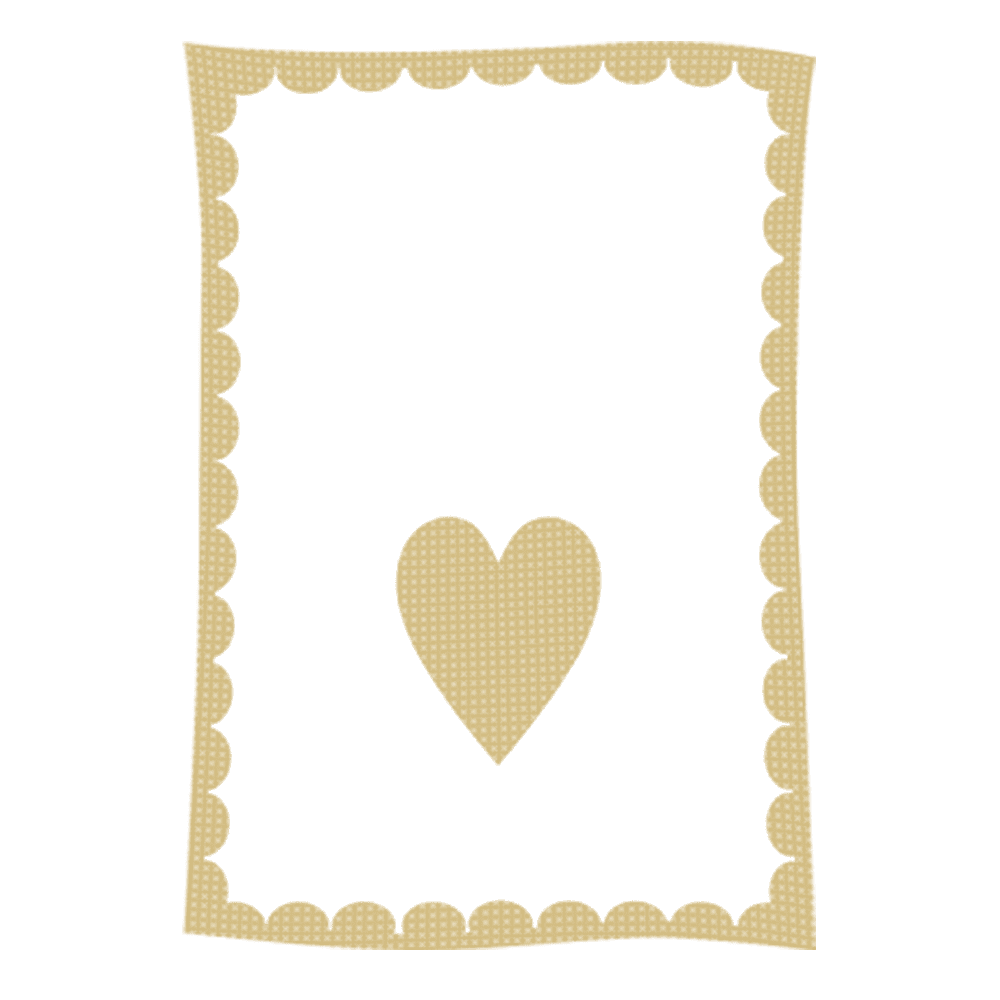 White card with gold scalloped border and heart