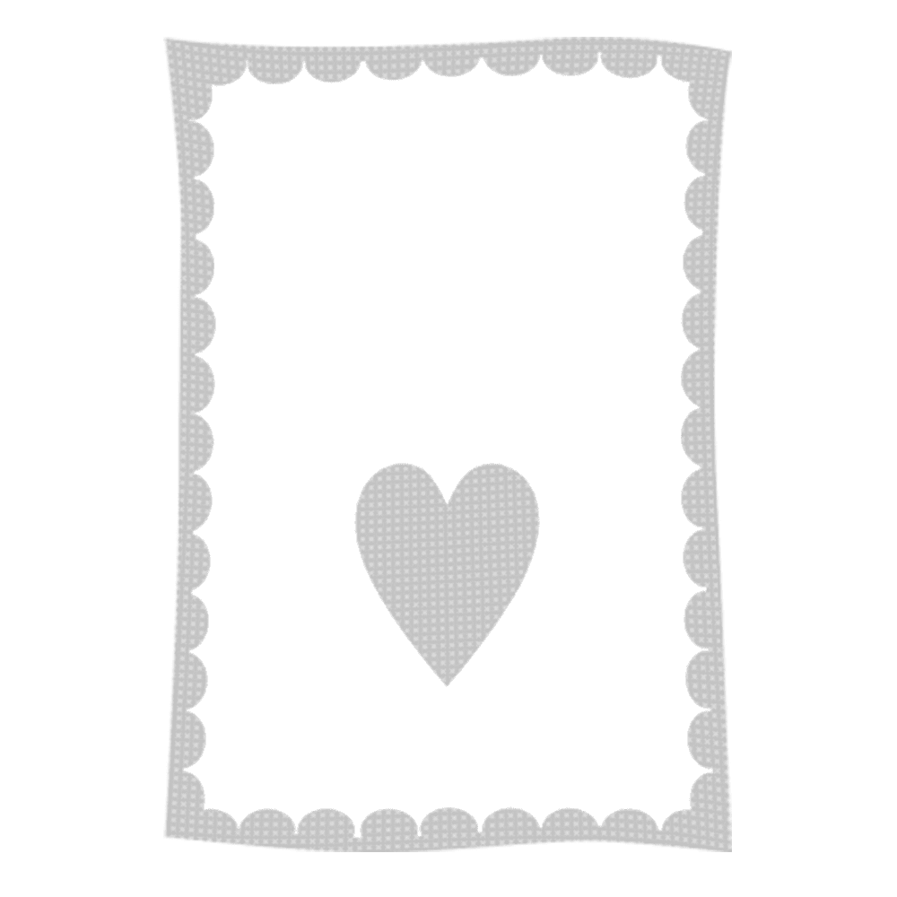White scalloped card with central gray heart
