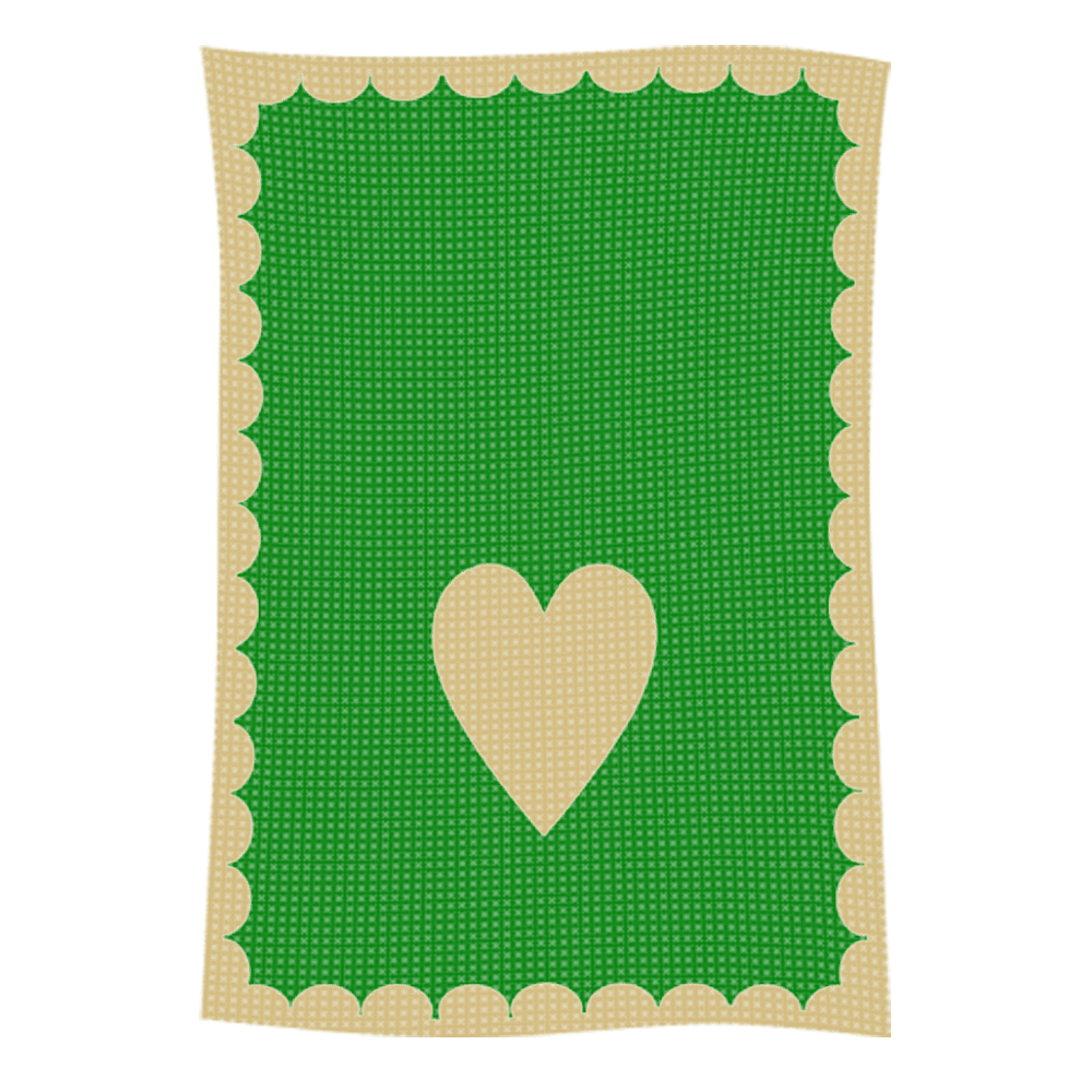 Green textile with beige heart and scalloped border