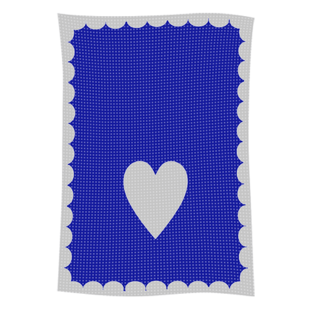 Blue blanket with white heart and scalloped border