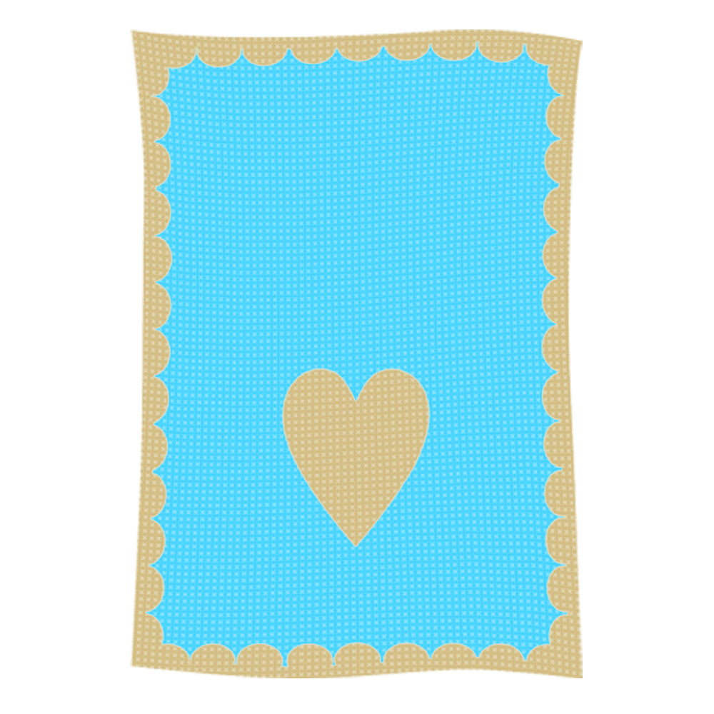 Blue rug with tan scalloped border and heart