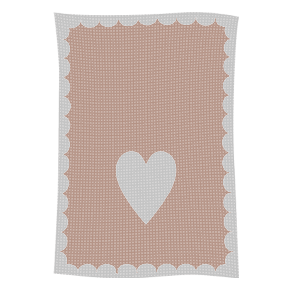 Pink rug with white scalloped border and heart
