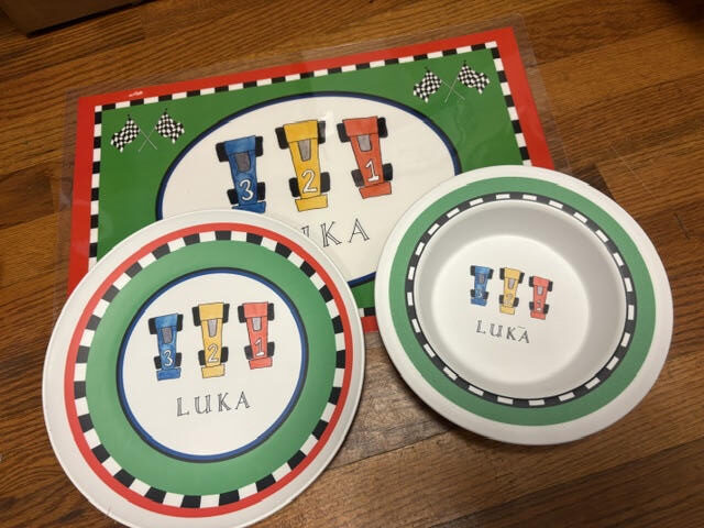 Children's racecar plates with matching placemat