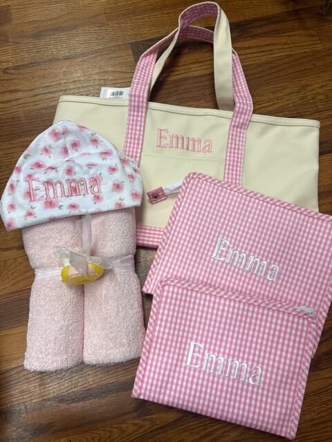 Pink baby gift set with Emma embroidery