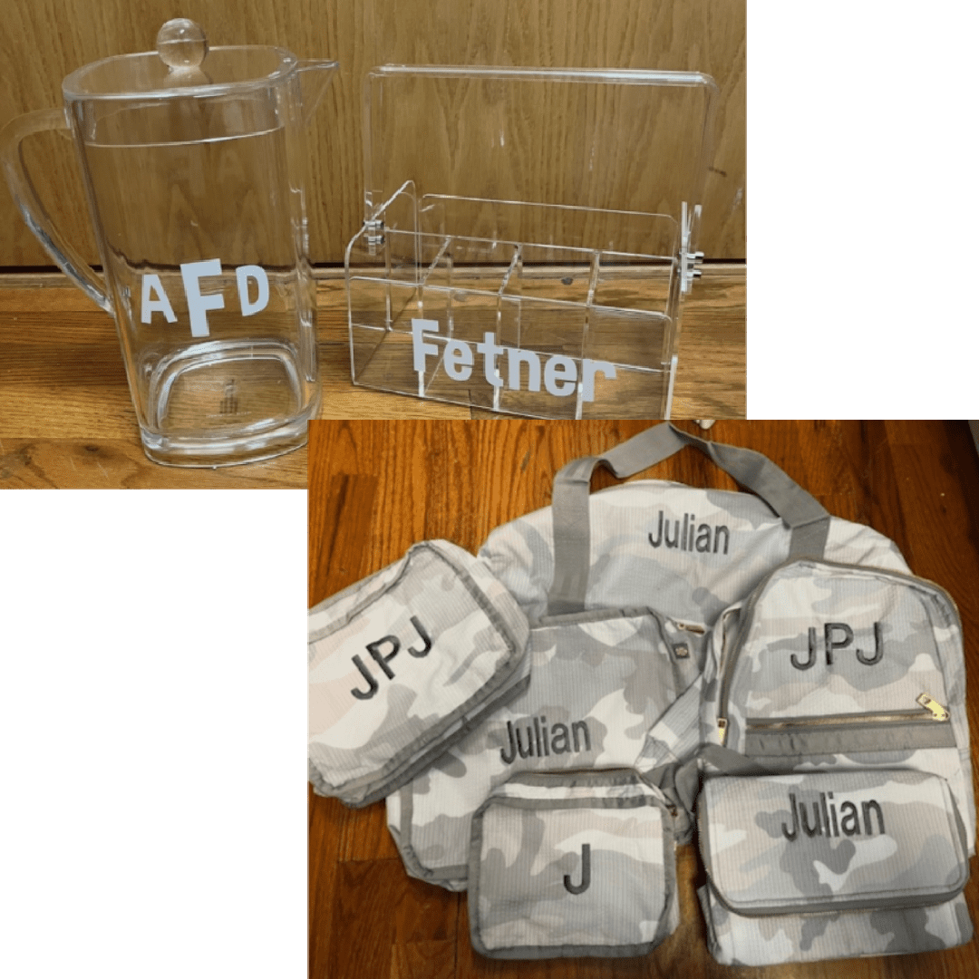 Personalized pitcher, acrylic organizer, camouflage travel set