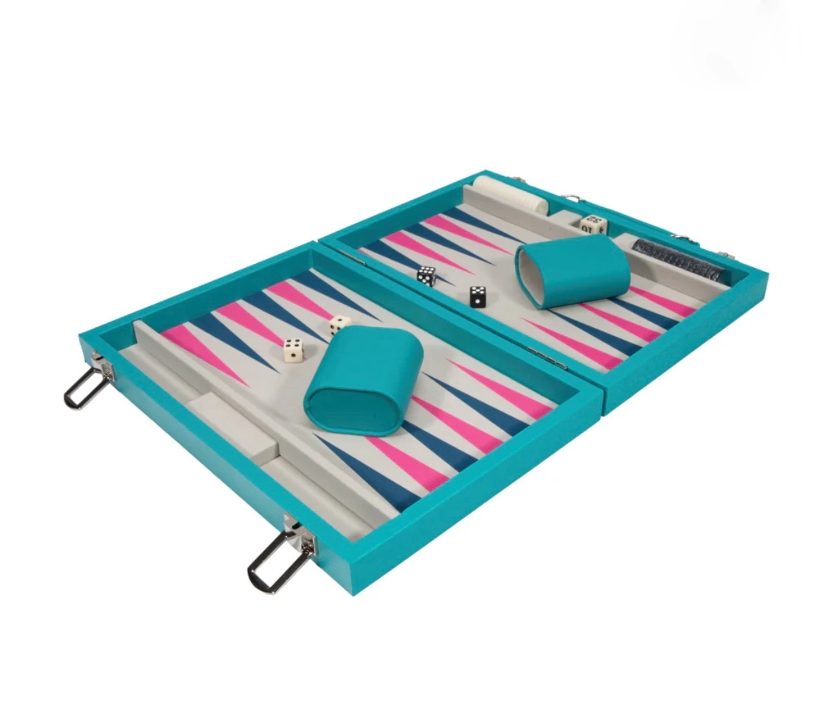 Turquoise travel backgammon set with dice